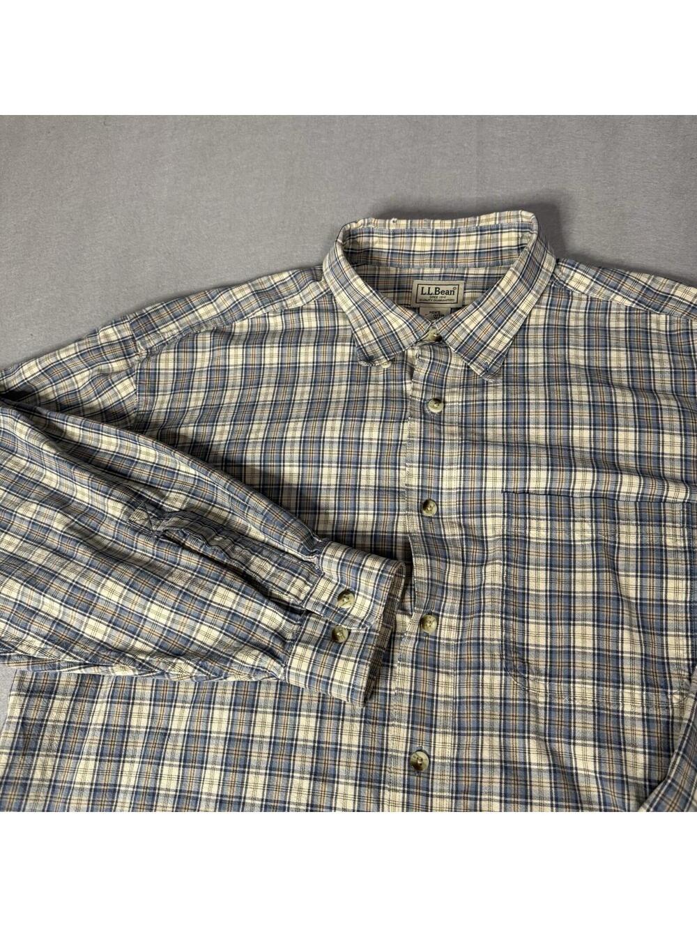 LL Bean Shirt Men’s Checked Plaid‎ Flannel Size L  100% Cotton Blue And Tan